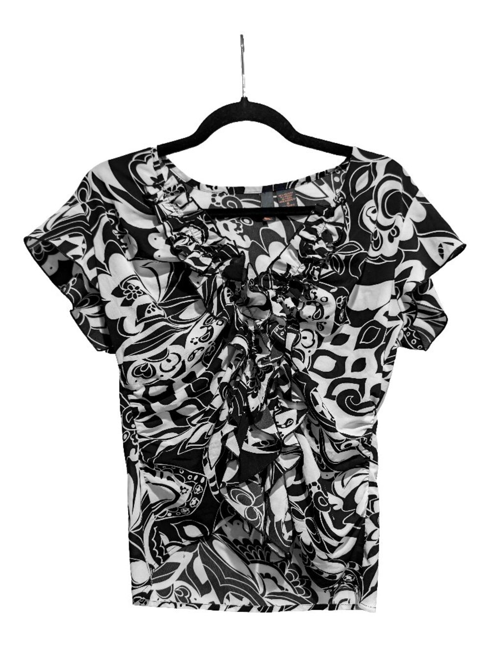 Vintage Y2K B&W Serenade Abstract Paisley Ruffle Top with Cap Sleeve Size Small